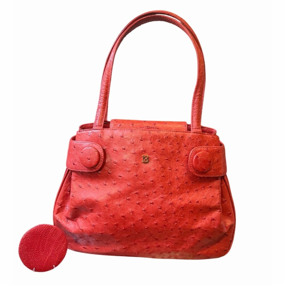 Bally Red Ostrich Shoulder Bag Gold Hardware with Mirror
